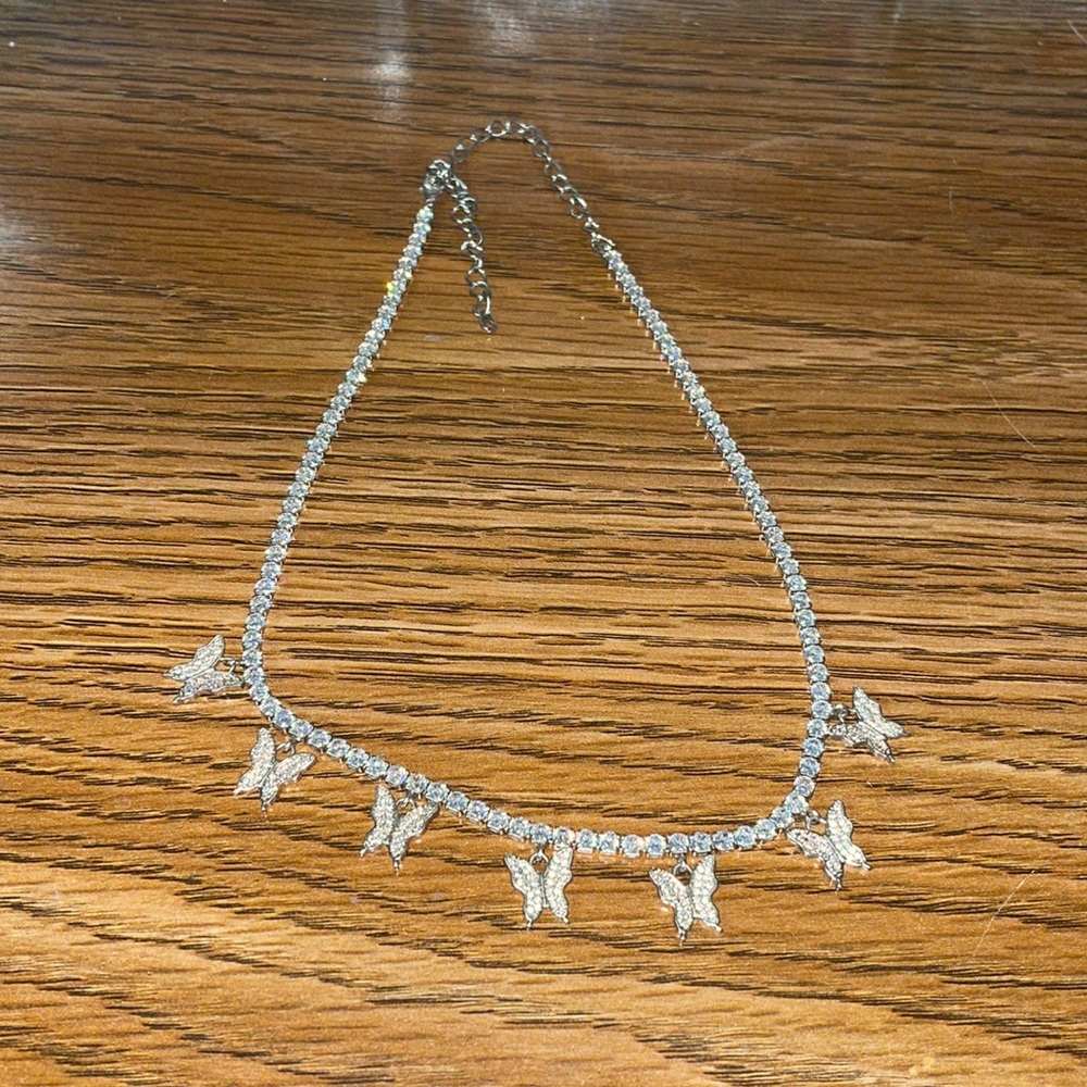 silver tennis butterfly choker necklace